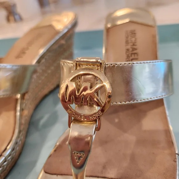 Michael Kors Gold Espadrilles. Gold Wedge heel slip on dress sandals. - Picture 8 of 11